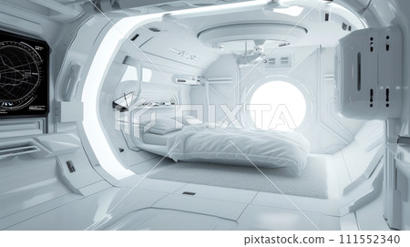Spaceship living room white interior, design of habitat in starship or home on alien planet. Inside futuristic spacecraft, light compartment with bed. Concept of space, technology, future 111552340