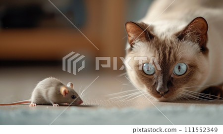 Siamese cat hunting to mouse at home, domestic young kitty face before pounce, portrait of happy pet playing with food in house. Concept of attack, funny animal close-up 111552349