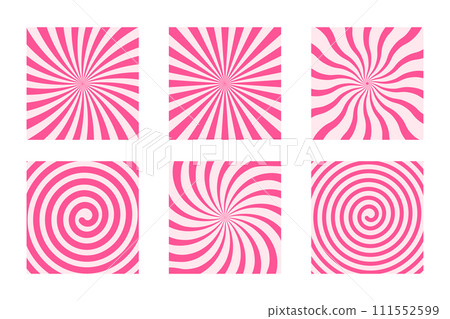Set of cute lollipop backgrounds. Candy, ice cream, yogurt, caramel or marshmallow textures with radial pink stripes, twist and spiral design. Birthday or Christmas wallpapers 111552599