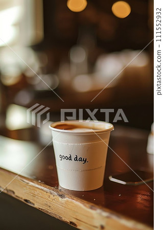 The inscription is Good day . Good afternoon on the coffee cup and wooden table 111552932