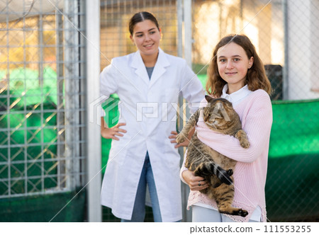Preteen girl helping in animal shelter, standing outdoors with gray cat in arms Preteen girl helping in animal shelter, standing outdoors with gray cat in arms 111553255