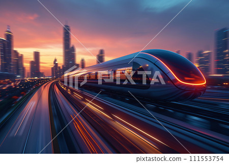 Transportation concept, A sleek futuristic train speeds along its track, cutting through a cityscape against the backdrop of a vibrant sunset sky. 111553754