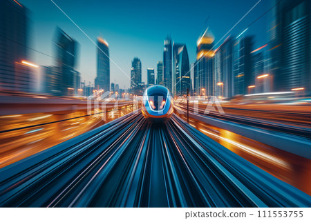 Transportation concept, A sleek futuristic train speeds along its track, cutting through a cityscape against the backdrop of a vibrant sunset sky. Transportation concept, A sleek futuristic train speeds along its track, cutting through a cityscape against the backdrop of a vibrant sunset sky. 111553755
