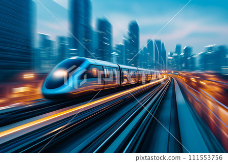 Transportation concept, A sleek futuristic train speeds along its track, cutting through a cityscape against the backdrop of a vibrant sunset sky. Transportation concept, A sleek futuristic train speeds along its track, cutting through a cityscape against the backdrop of a vibrant sunset sky. 111553756