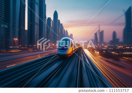 Transportation concept, A sleek futuristic train speeds along its track, cutting through a cityscape against the backdrop of a vibrant sunset sky. Transportation concept, A sleek futuristic train speeds along its track, cutting through a cityscape against the backdrop of a vibrant sunset sky. 111553757