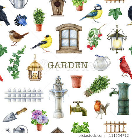 Vintage style village garden element seamless pattern. Watercolor painted illustration. Hand drawn countryside garden elements. Fountain, flowers, plants, fence, birds collection. White background Vintage style village garden element seamless pattern. Watercolor painted illustration. Hand drawn countryside garden elements. Fountain, flowers, plants, fence, birds collection. White background 111554712