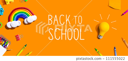 Back to school theme with school supplies - flat lay Back to school theme with school supplies - flat lay 111555022