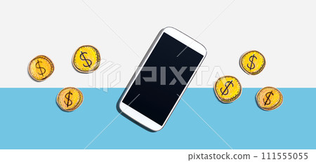 Blank smartphone with coins - earn online theme Blank smartphone with coins - earn online theme 111555055