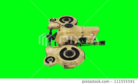Flying military, war droid, bot with gun. Green screen. 3d rendering. Flying military, war droid, bot with gun. Green screen. 3d rendering. 111555591