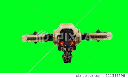 Flying military, war droid, bot with gun. Green screen. 3d rendering. 111555596
