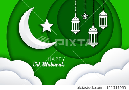 Eid Mubarak, Ramadan Kareem green paper cut greetings with crescent moon, Arabian lanterns and sky clouds for holiday vector background. Happy Ramadan Kareem and Eid Mubarak in paper cut layers Eid Mubarak, Ramadan Kareem green paper cut greetings with crescent moon, Arabian lanterns and sky clouds for holiday vector background. Happy Ramadan Kareem and Eid Mubarak in paper cut layers 111555963