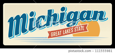 USA state travel and tourism plate, banner with American Michigan state. Vintage sign and postcard of State in Great Lakes region of upper Midwestern United States, capital is Lansing 111555981