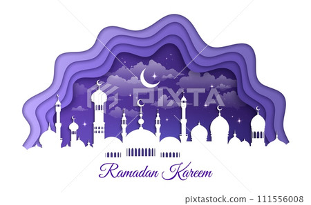 Ramadan Kareem and Eid Mubarak holiday, paper cut Muslim mosque vector silhouette. Crescent moon with stars in sky with paper cut mosque minarets for Ramadan Kareem and Eid Mubarak Islam holiday Ramadan Kareem and Eid Mubarak holiday, paper cut Muslim mosque vector silhouette. Crescent moon with stars in sky with paper cut mosque minarets for Ramadan Kareem and Eid Mubarak Islam holiday 111556008