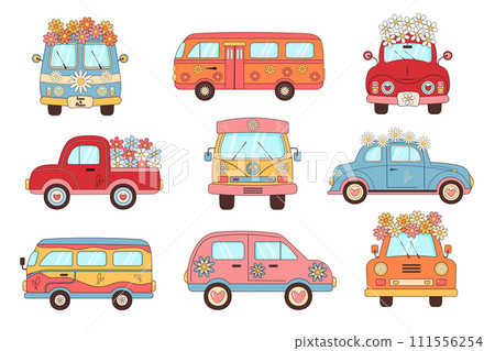 Groovy hippie vintage bus and car set. Retro travel automobiles with flowers 111556254