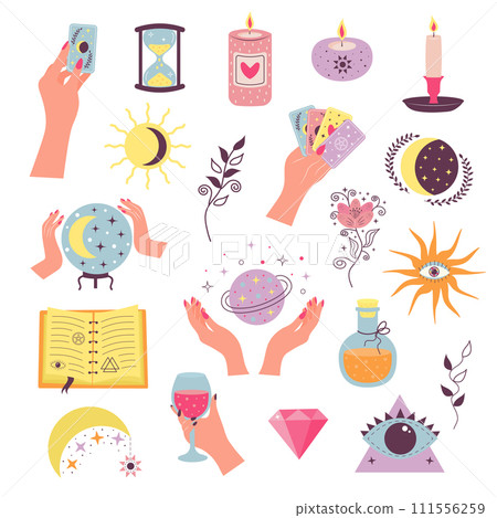 Set of alchemy esoteric mystical magic elements. Witchcraft magical stickers. Set of alchemy esoteric mystical magic elements. Witchcraft magical stickers. 111556259