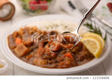 Curry with plenty of vegetables served with salad 111556606