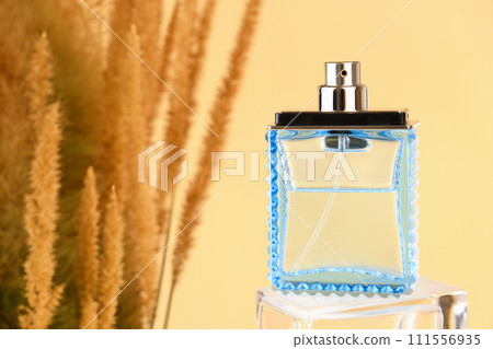 blue glass spray perfume bottle and autumn grass on yellow background. mockup, template, front view blue glass spray perfume bottle and autumn grass on yellow background. mockup, template, front view 111556935