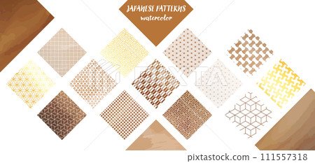 Watercolor style Japanese pattern, brown and gold square material set Watercolor style Japanese pattern, brown and gold square material set 111557318