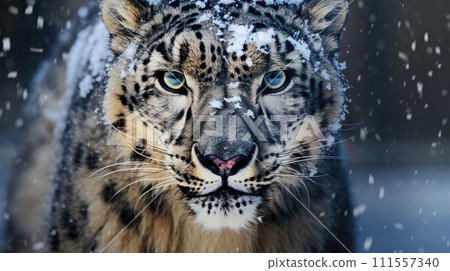 Front view of a fierce snow leopard. Generative AI 111557340