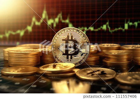 Virtual cryptocurrency concept. Bitcoin against stock market chart background. Generative AI Virtual cryptocurrency concept. Bitcoin against stock market chart background. Generative AI 111557406