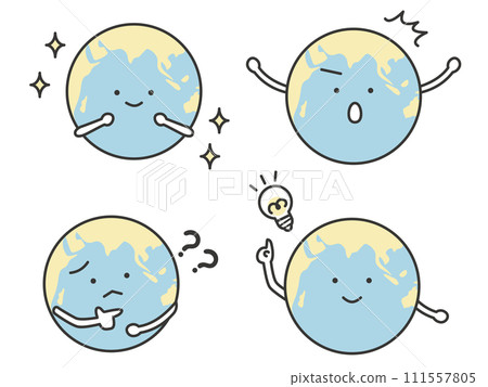 Earth characters with expressions of trouble and solution, and expressions of surprise and sparkle. 111557805