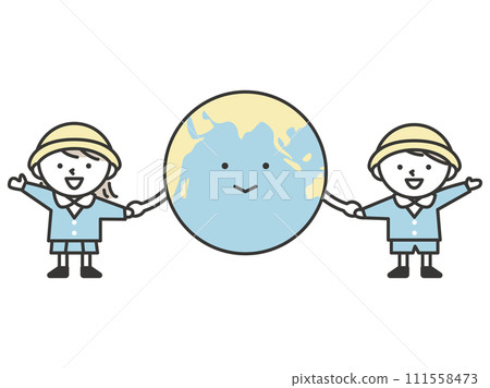 A boy and a girl holding hands with the earth - an image of global environmental protection and a peaceful future A boy and a girl holding hands with the earth - an image of global environmental protection and a peaceful future 111558473