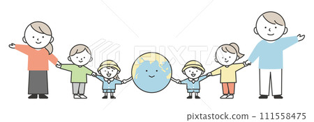 People of various generations holding hands with the earth, an image of protection of the global environment and peace 111558475