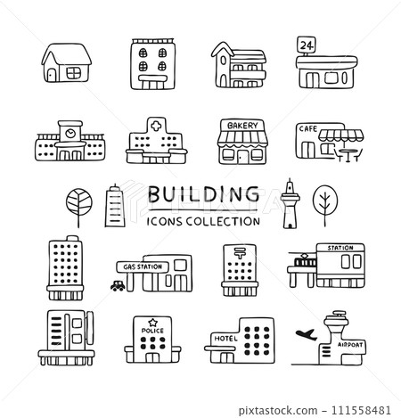 Buildings and facilities icon set 111558481