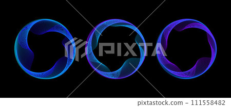 Neon dotted circle set. Blue purple glowing round tech frame collection. Curved wave dot line circles on black background. Bright colorful gradient circular border pack. Vector design element bundle Neon dotted circle set. Blue purple glowing round tech frame collection. Curved wave dot line circles on black background. Bright colorful gradient circular border pack. Vector design element bundle 111558482