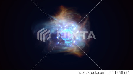 Energy blue glowing cosmic magic sphere, futuristic round high-tech ball bright atom made of electricity, background 111558535