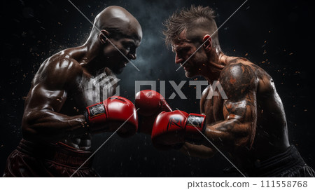 Two boxers fighting on the ring. Splashes sweat on the background. Generative AI. 111558768