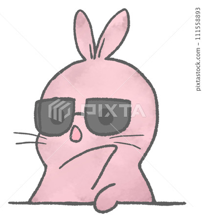 A rabbit wearing sunglasses pointing to the right and talking about something (red) 111558893