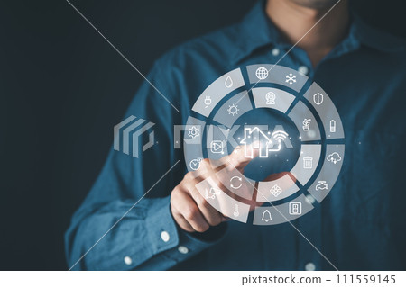 Man manage smart home features including security, lighting, and temperature. Smart home and Iot concept. Man manage smart home features including security, lighting, and temperature. Smart home and Iot concept. 111559145
