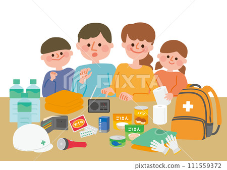 Illustration of a family checking disaster prevention goods 111559372