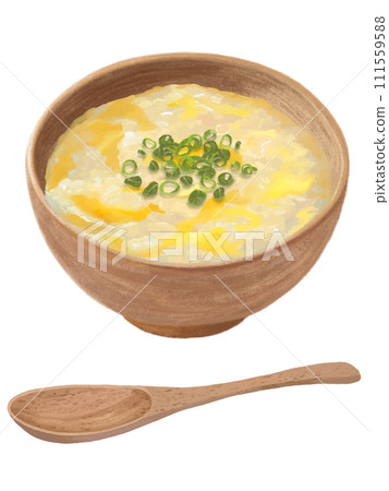 Rice porridge (with egg porridge and green onions) with wooden spoon 111559588