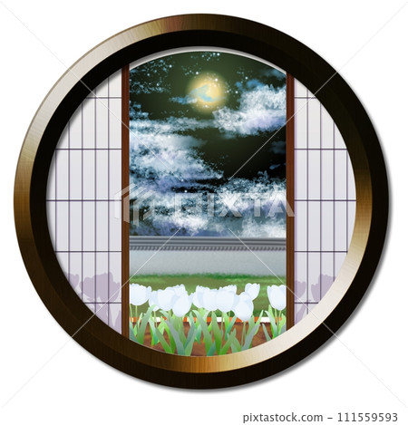 透過圓窗看到的月亮照亮的鬱金香花壇 透過圓窗看到的月亮照亮的鬱金香花壇 111559593