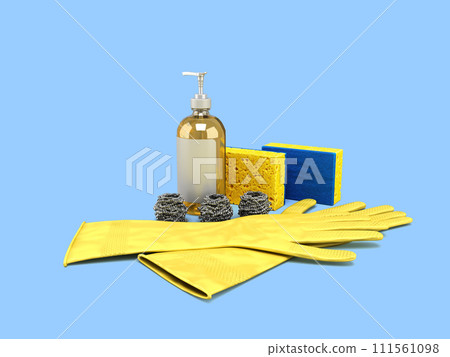 set of utensils for washing dishes 3d render on blue background set of utensils for washing dishes 3d render on blue background 111561098