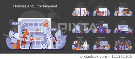 Hobbies set. Everyday leisure activities and passions showcased in vibrant illustrations. From cooking to gaming, each scene vibrates with dynamic energy and engaging pastimes. Vector illustration 111561106