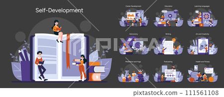 Self-Development set. Lifelong learning and personal growth scenes. Career advancement, language mastery, creative expression. Diverse study and wellness activities. Vector illustration 111561108