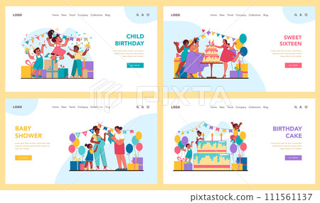 Child birthday set. Sweet sixteen memories, heartwarming baby shower with friends, and harmonious happy birthday song. Milestones celebrated with love and vibrant festivity. Flat vector illustration 111561137