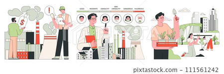 Air quality awareness set. Air quality index and pollution monitoring. Air purifiers devices and mechanisms in urban environments for healthier living. Flat vector illustration Air quality awareness set. Air quality index and pollution monitoring. Air purifiers devices and mechanisms in urban environments for healthier living. Flat vector illustration 111561242