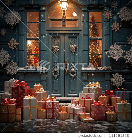 Christmas presents in front of a blue door at night with snowflakes. Generative AI 111561258