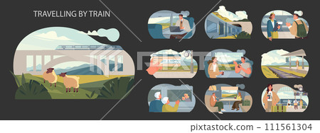Travelling by Train set. A panorama of rail travel experiences. Commuters and vacationers, serene landscapes, bustling stations. Modern journey comfort. Travelling by Train set. A panorama of rail travel experiences. Commuters and vacationers, serene landscapes, bustling stations. Modern journey comfort. 111561304