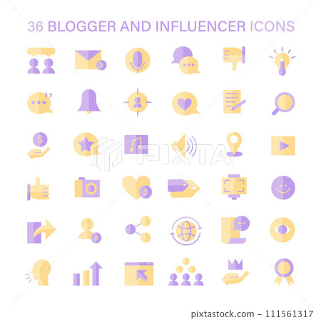 Blogger and Influencer icons set. Versatile icons for content creation, audience engagement, and personal branding. Digital marketing and social media presence tools. Flat vector illustration. 111561317