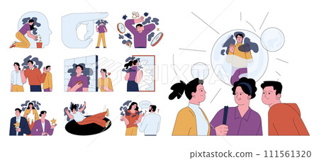 Human fears set. Scared characters confronting personal phobias. Frightened anxious person suffering from panic disorder. Psychological problem. Flat vector illustration 111561320