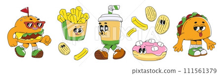 Retro groovy style food cartoon character set Retro groovy style food cartoon character set 111561379