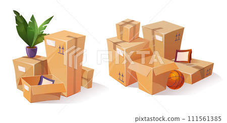 Cardboard box piles with house stuff Cardboard box piles with house stuff 111561385