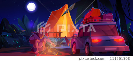 Man sitting near campfire, tent and car at night Man sitting near campfire, tent and car at night 111561508