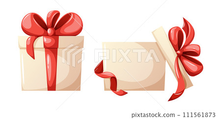 Gift box with bow and ribbon, open and closed. Vector illustration in cartoon flat style on isolated background. For holiday, birthday, present 111561873