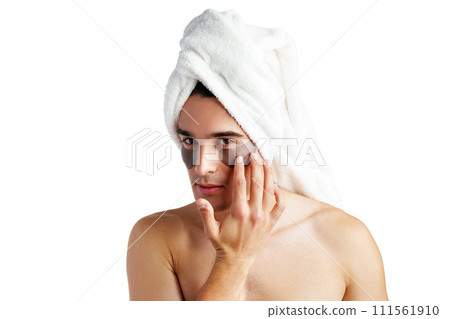 Portrait of attractive young male model with eye patches on white background Portrait of attractive young male model with eye patches on white background 111561910